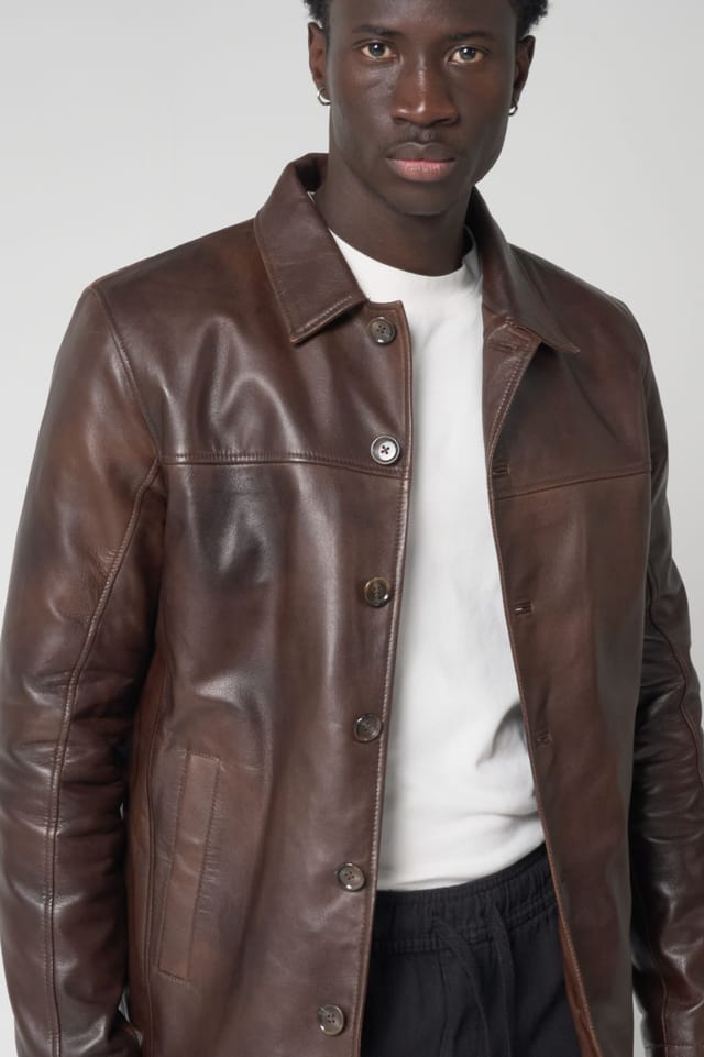 Barneys Originals Barneys Originals Men's Button Up Leather Reefer Jacket in Brown - 2