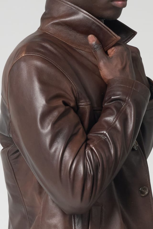 Barneys Originals Barneys Originals Men's Button Up Leather Reefer Jacket in Brown - 3