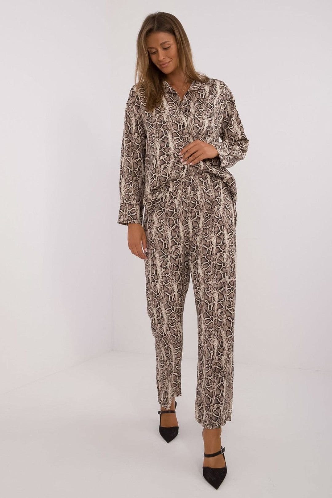 Love Lace Beige Animal Print Shirt & Wide Leg Pants Set