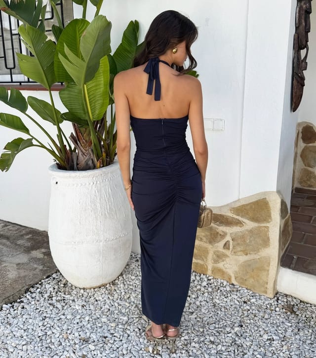 AX Paris Women's Navy Halter Neck Ruched Split Midi Dress AX Paris New Look - 3