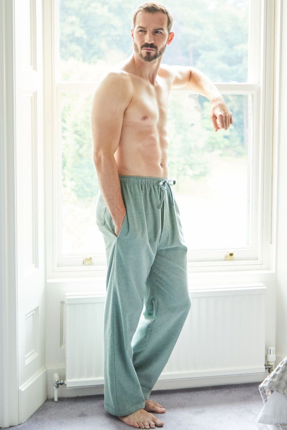 British Boxers British Boxers Men's "Moss" Herringbone Brushed Cotton Pyjama Trousers in Dark Green - 3