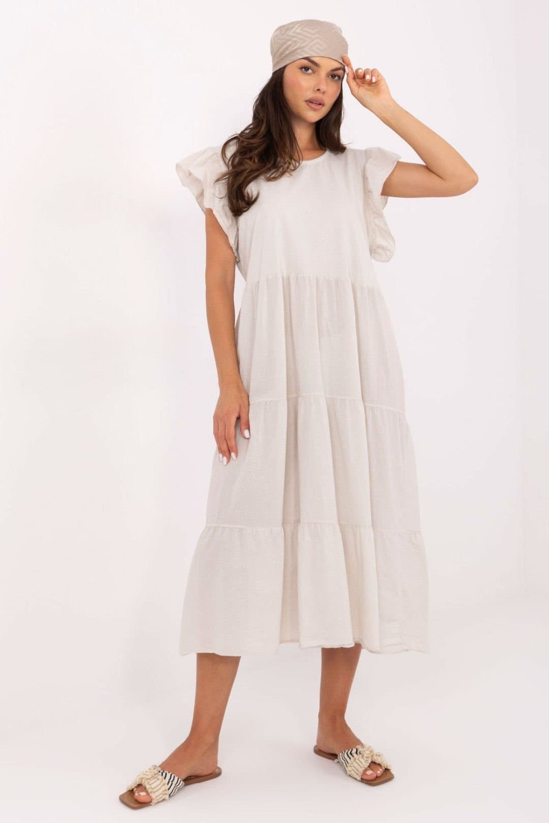 Love Lace Love Lace Women's Oversize Midi Cotton Dress with Tie Back in Beige