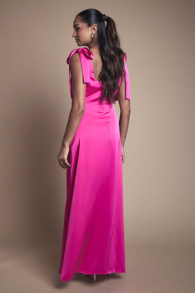 Oasis Oasis Women's Bright Pink Satin Tie Shoulder Midi Bridesmaid Dress - 3