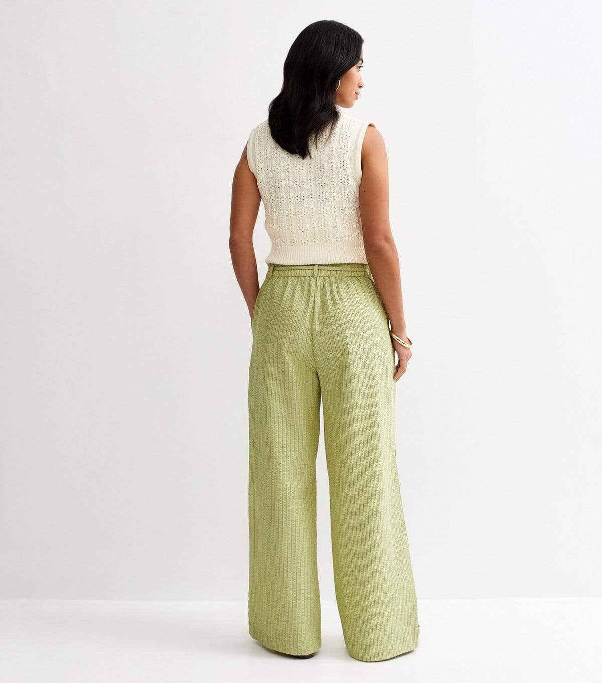 New Look Women's Petite Green Seersucker Striped Wide Leg Trousers New Look - 4