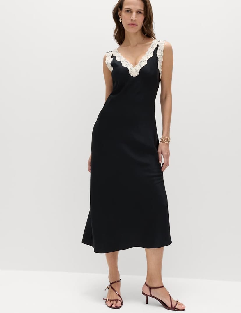 Marks & Spencer M&S Satin V-Neck Lace Insert Midi Slip Dress Black Mix - 1