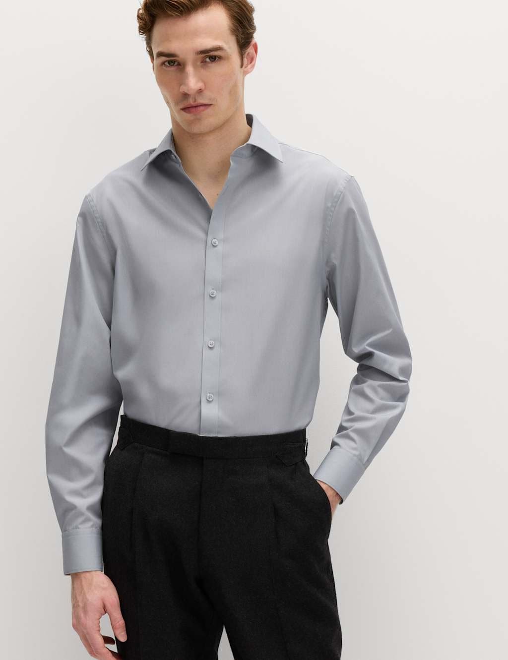 Marks & Spencer M&S Regular Fit Easy Iron Cotton Blend Shirt Light Grey