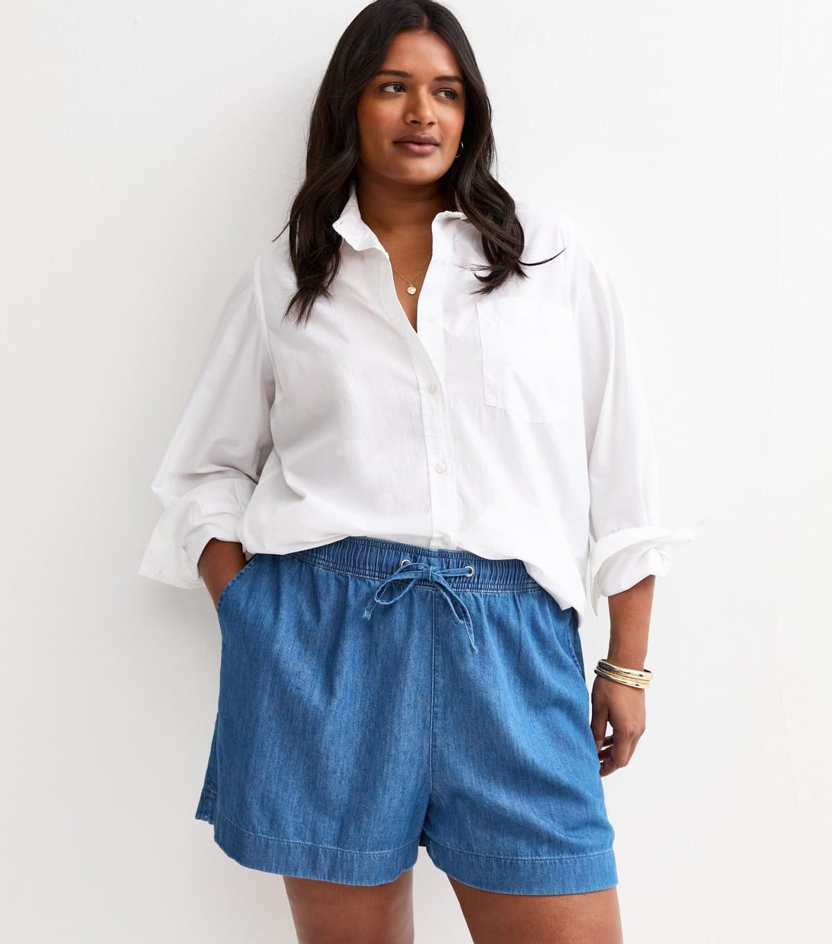 New Look Women's Plus Size Blue Denim Drawstring Shorts Curves New Look