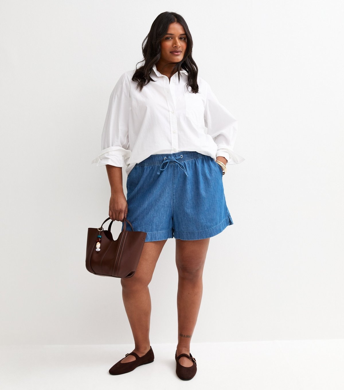 New Look Women's Plus Size Blue Denim Drawstring Shorts Curves New Look - 3