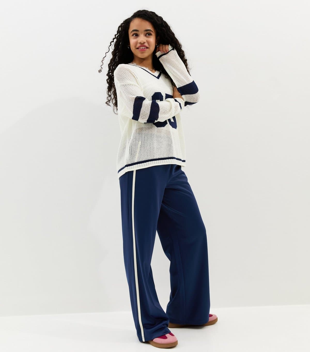 New Look Girls' Navy Contrast Trim Wide Leg Joggers New Look