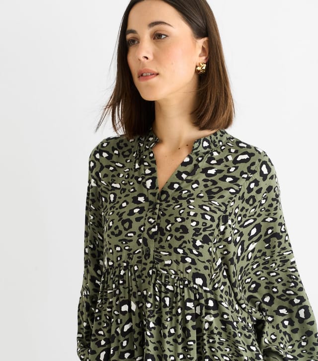 Gini London Women's Light Khaki Animal Print Tiered Midi Dress Gini London New Look - 2