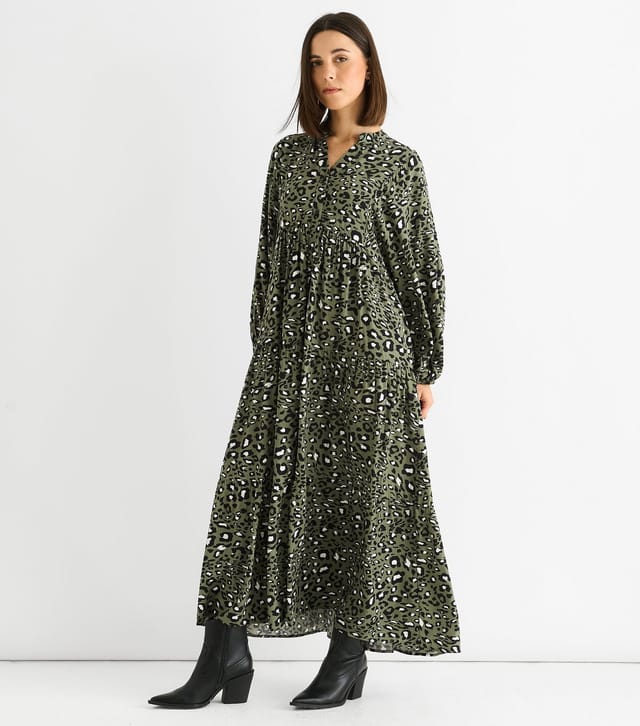 Gini London Women's Light Khaki Animal Print Tiered Midi Dress Gini London New Look - 3