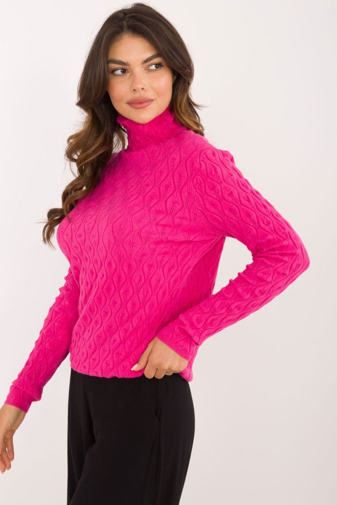 Love Lace Love Lace Women's Casual Turtleneck Sweater Openwork Viscose in Fuchsia
