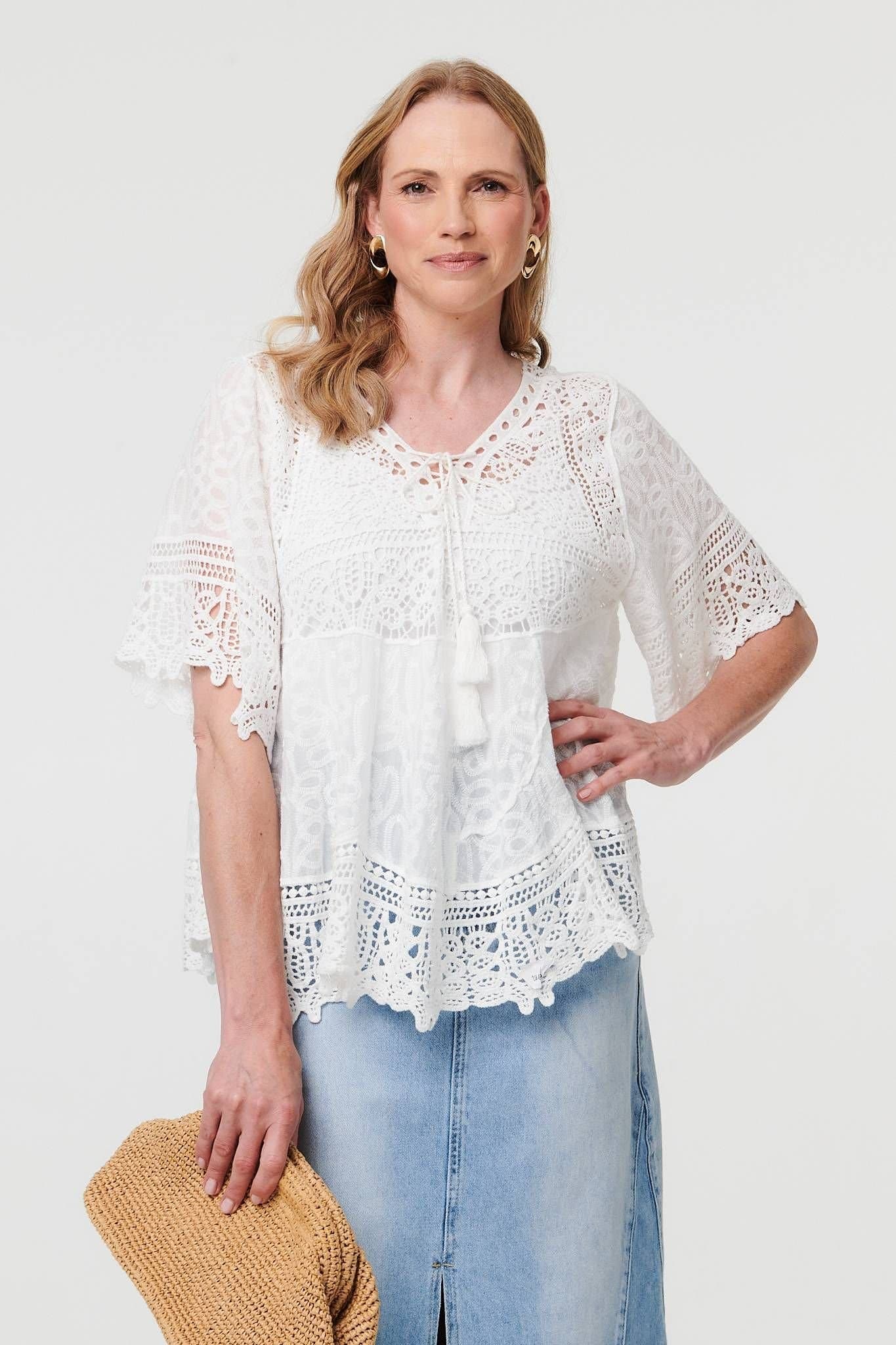 Izabel London Izabel London Women's Crochet Lace Texture Relaxed Blouse in White