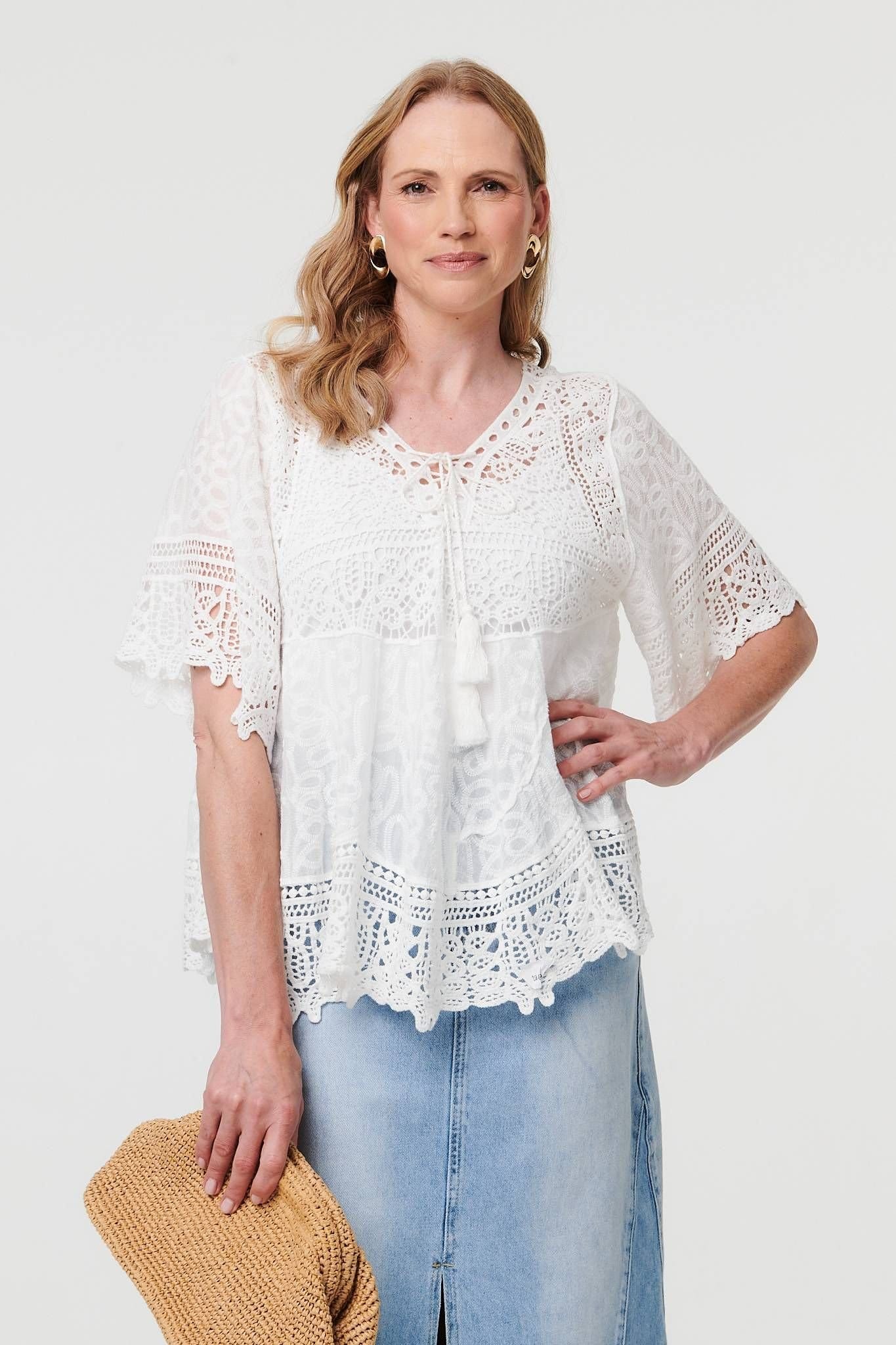 Izabel London Women's Crochet Lace Texture Relaxed Blouse in White