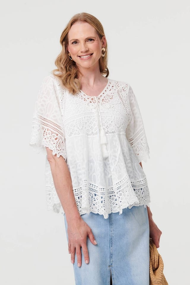 Izabel London Izabel London Women's Crochet Lace Texture Relaxed Blouse in White - 2