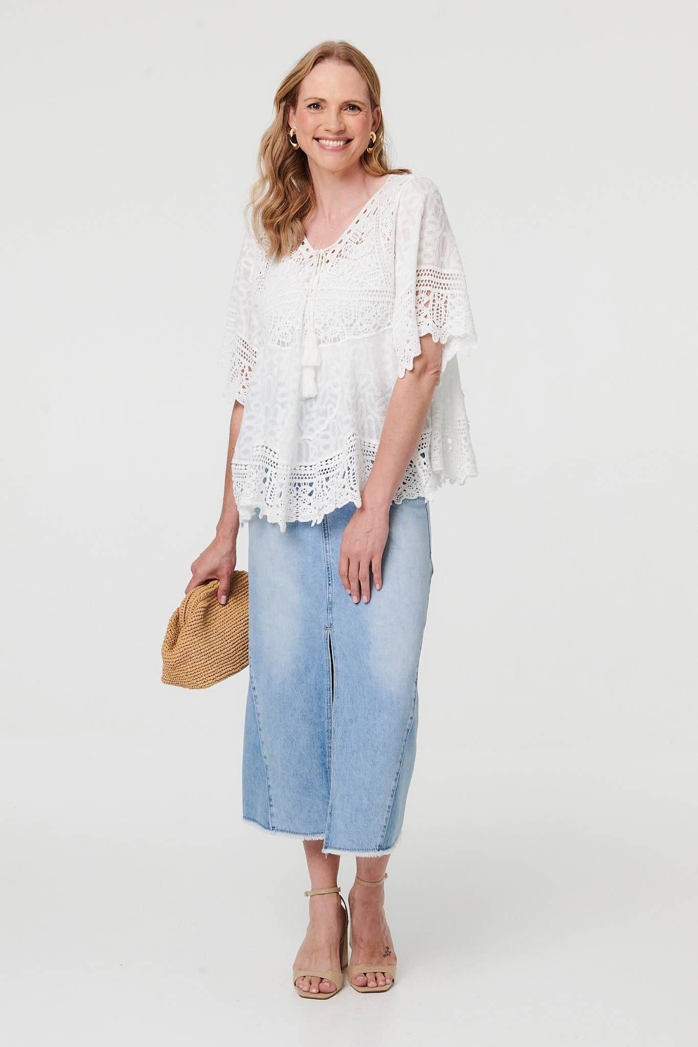 Izabel London Izabel London Women's Crochet Lace Texture Relaxed Blouse in White - 4