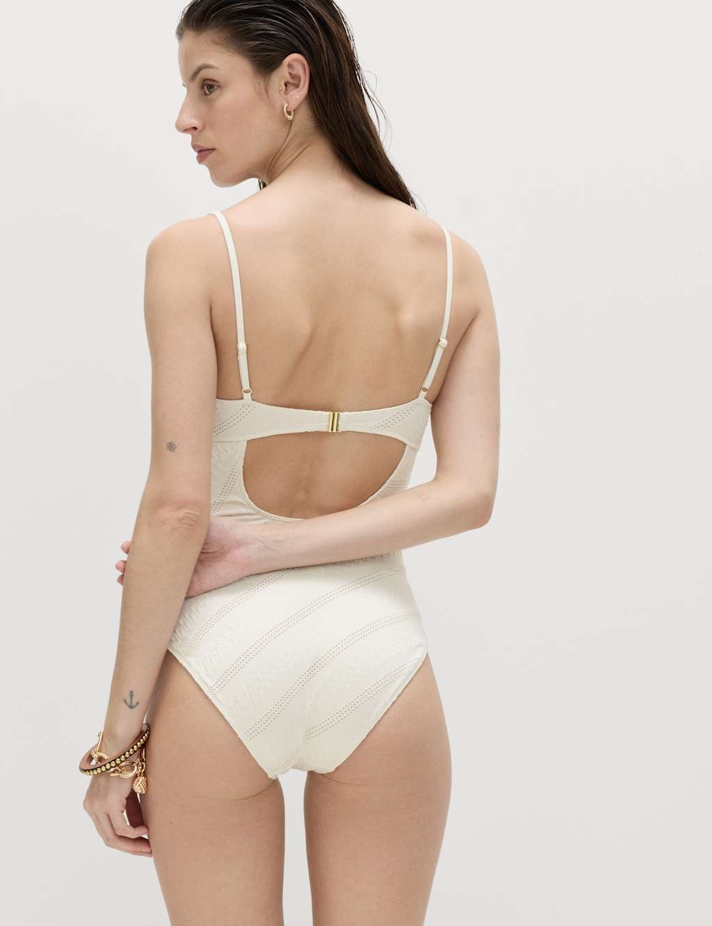 Marks & Spencer M&S Textured Padded Bead Detail Plunge Swimsuit Ivory - 2