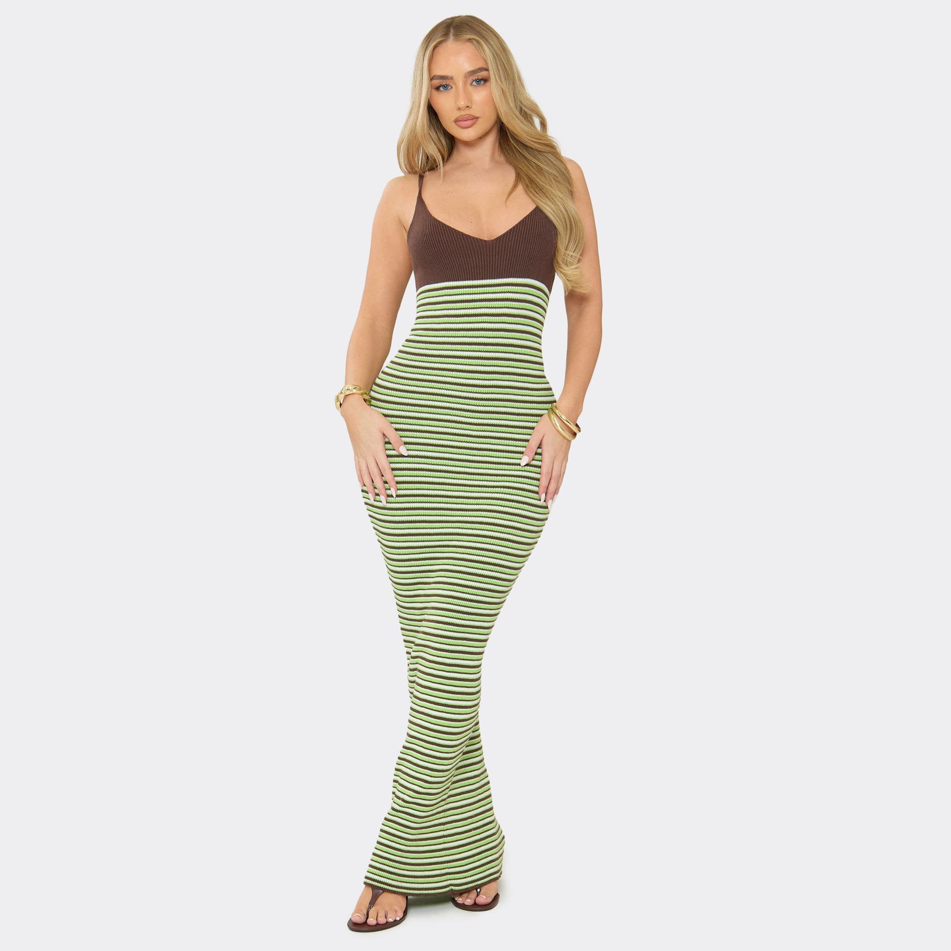 EGO Strappy Contrast Maxi Dress In Green Multi Stripe Knit, Women's Size UK L