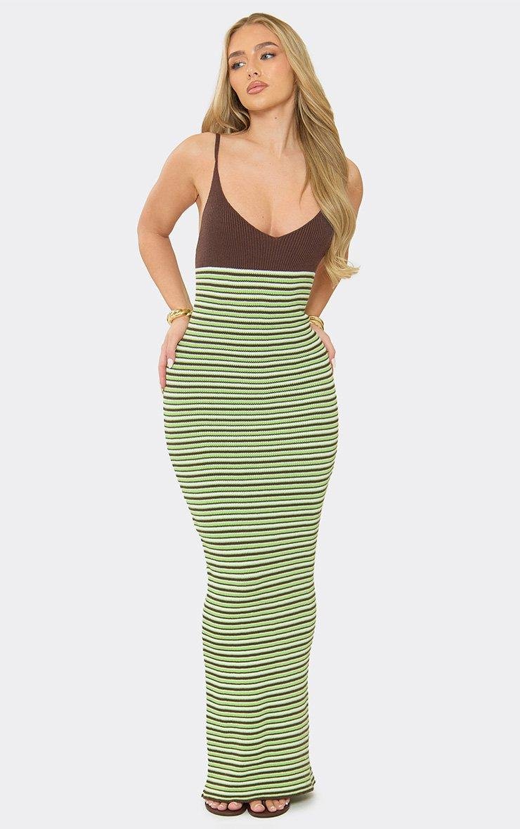 EGO Strappy Contrast Maxi Dress In Green Multi Stripe Knit, Women's Size UK L - 2