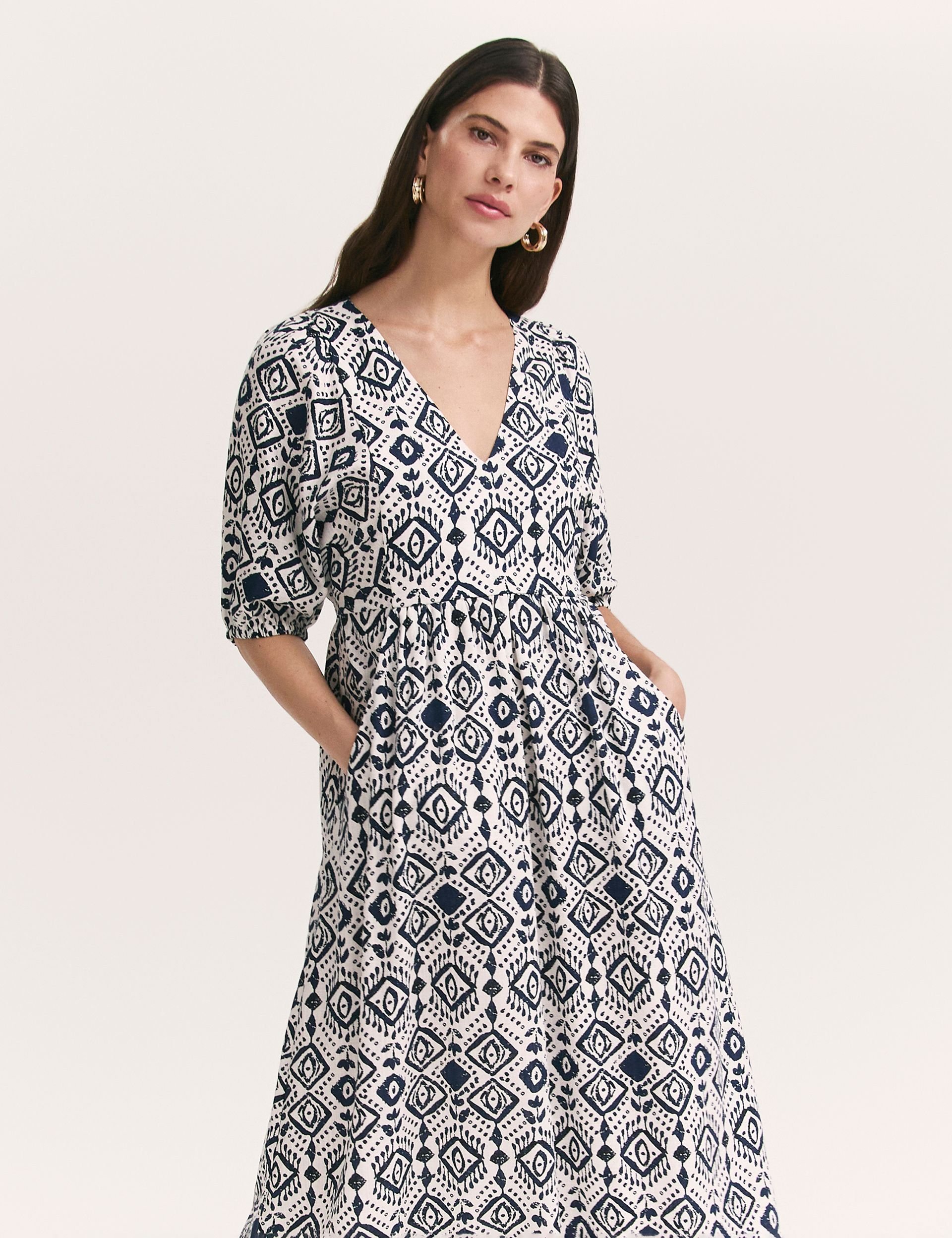 Finery London Finery London Women's Katie Printed Linen Blend Midi Dress in Natural White - 2