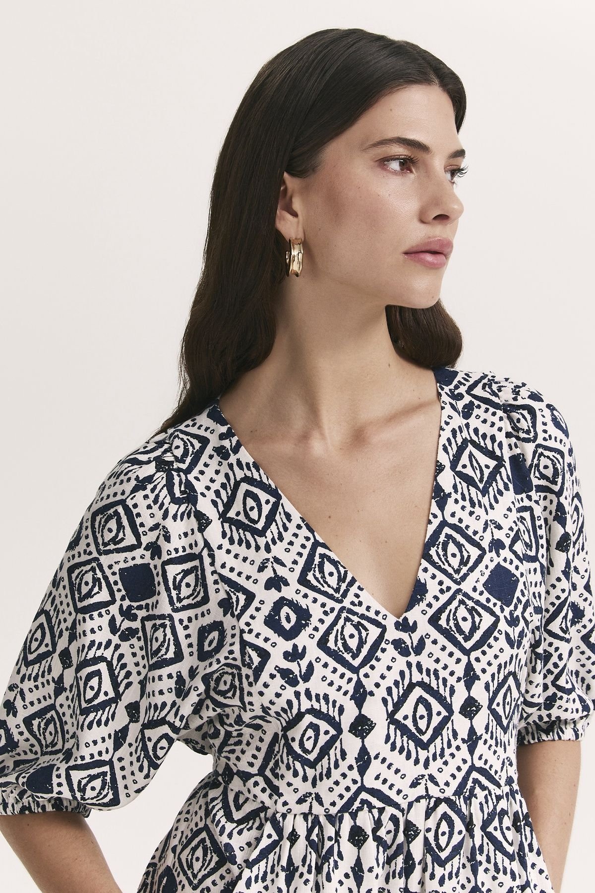 Finery London Finery London Women's Katie Printed Linen Blend Midi Dress in Natural White - 4