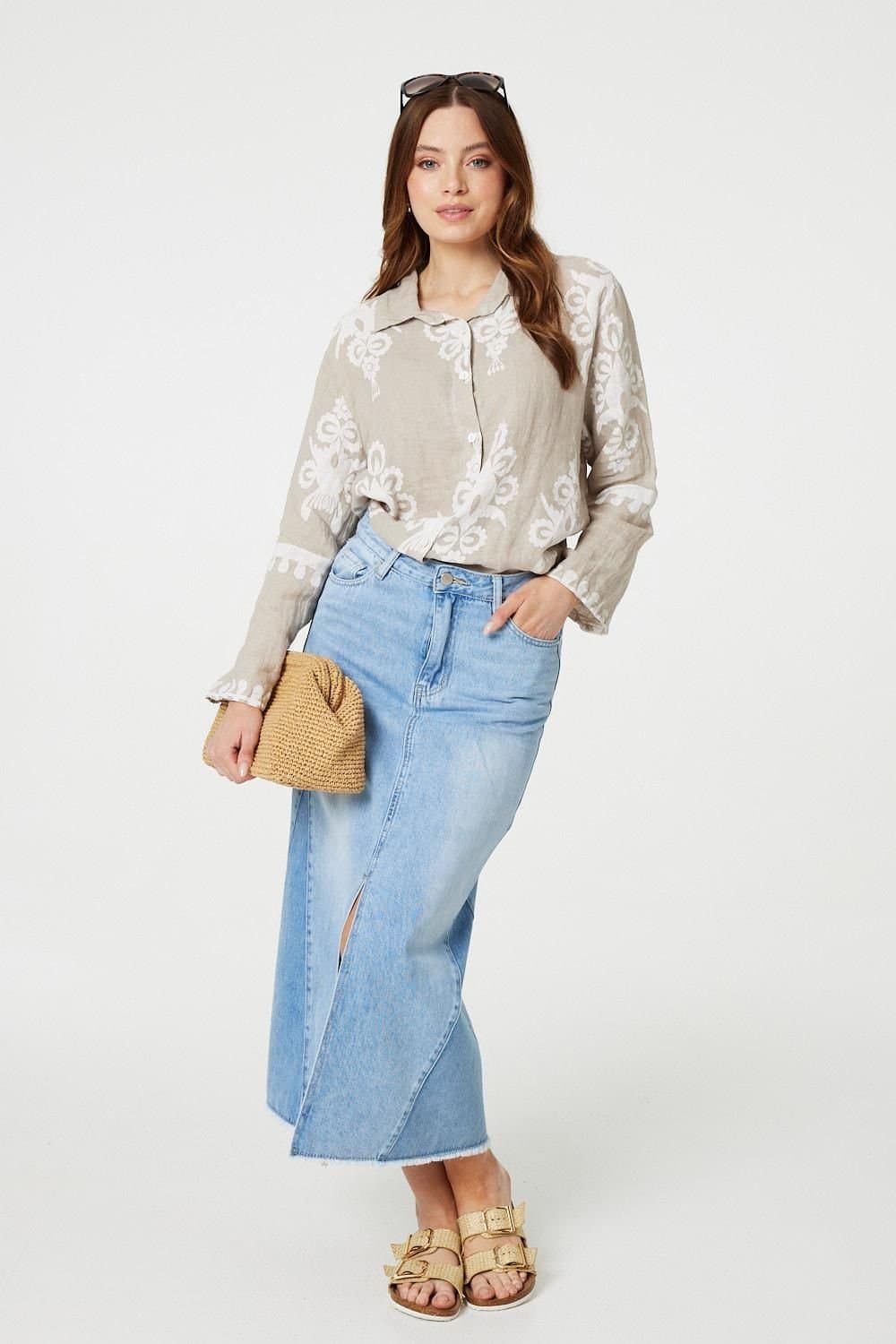 Izabel London Izabel London Beige Printed Oversized Button Down Shirt