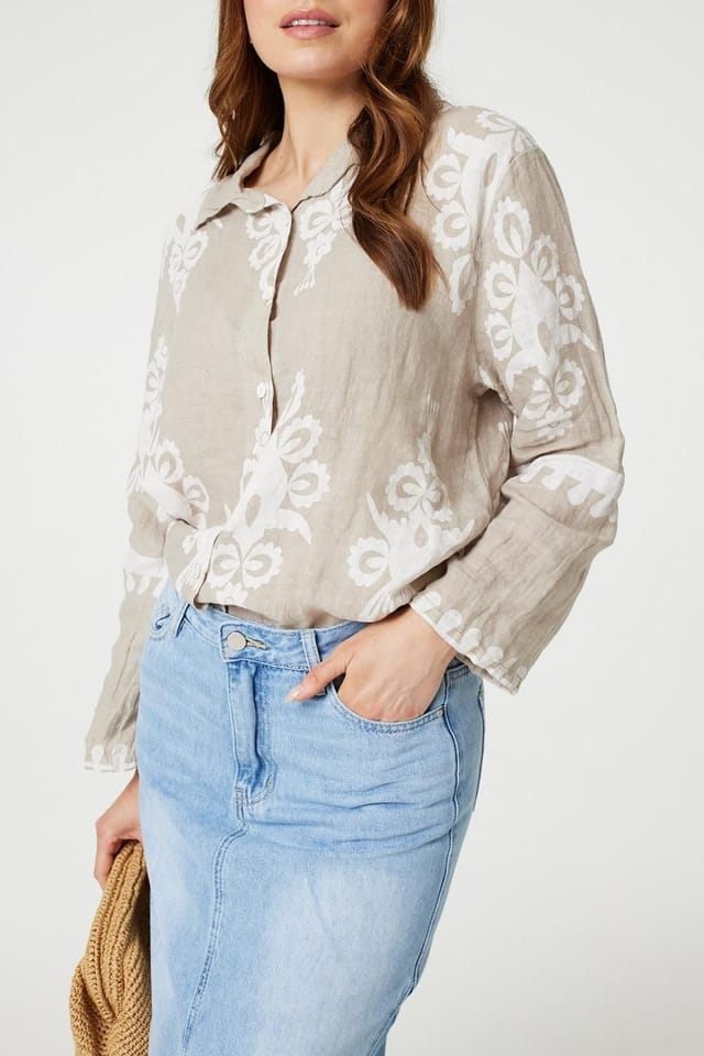 Izabel London Izabel London Women's Printed Oversized Button Down Shirt in Beige - 2