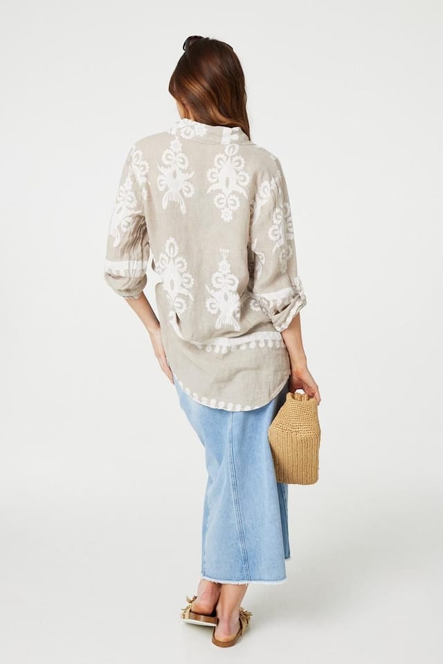 Izabel London Izabel London Women's Printed Oversized Button Down Shirt in Beige - 3