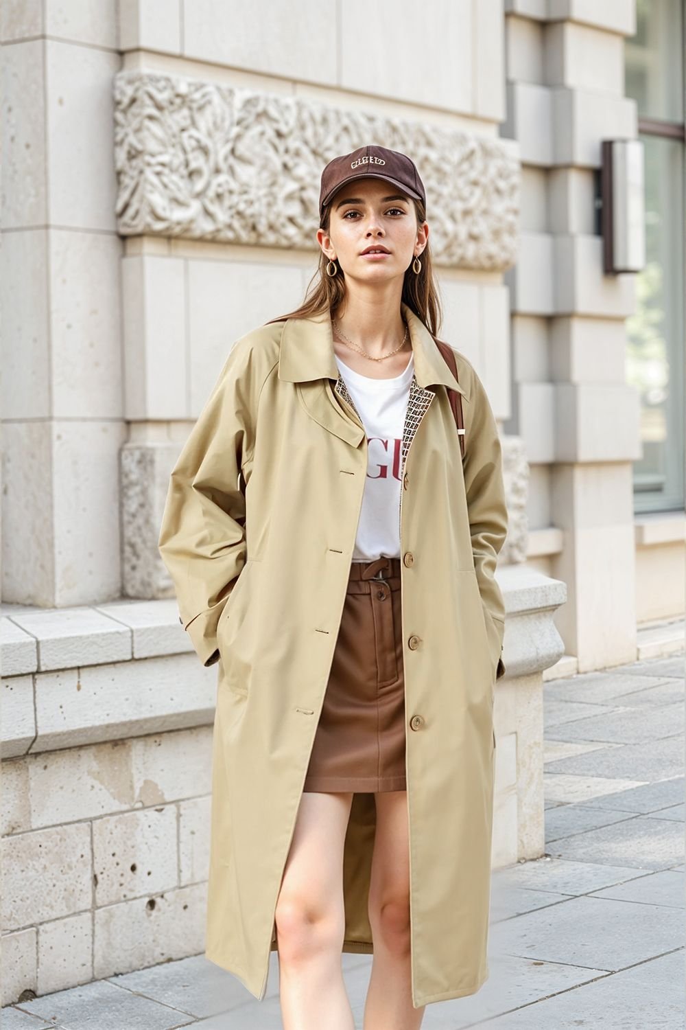 MODISHION MODISHION Women's Long Single Breasted Trench Coat in Light Khaki - 3