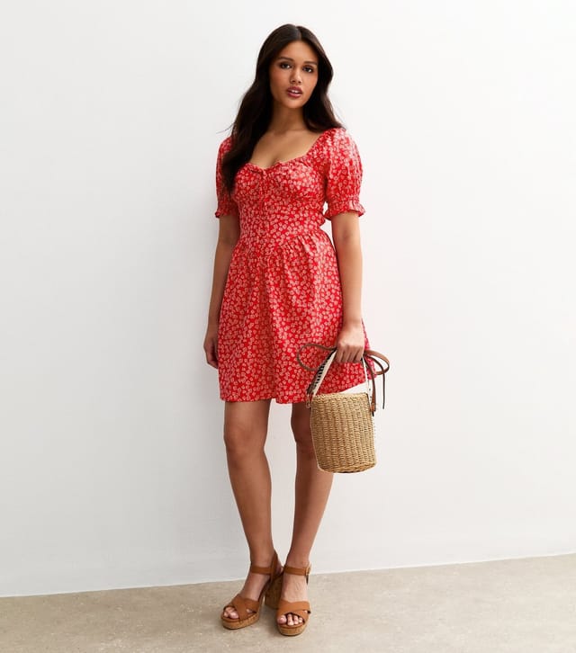 New Look Women's Red Floral Print Puff Sleeve V Front Mini Dress New Look - 2