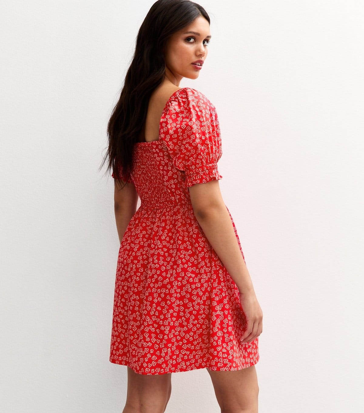 New Look Women's Red Floral Print Puff Sleeve V Front Mini Dress New Look - 4