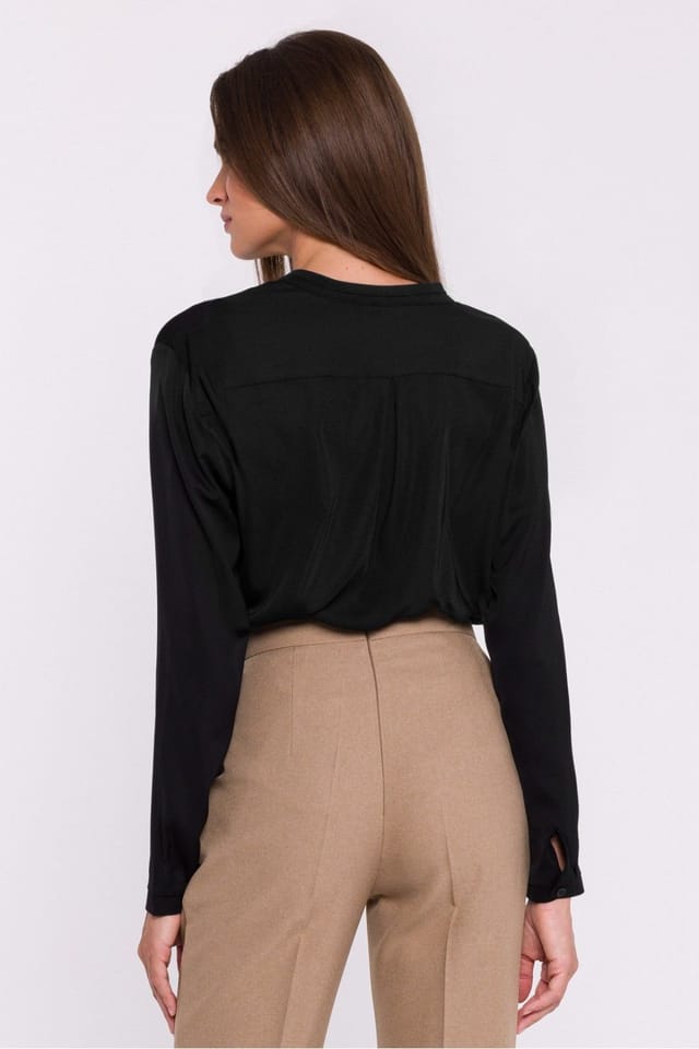 Love Lace Love Lace Women's Stylish Satin Stand Collar Blouse with Pocket in Black - 3