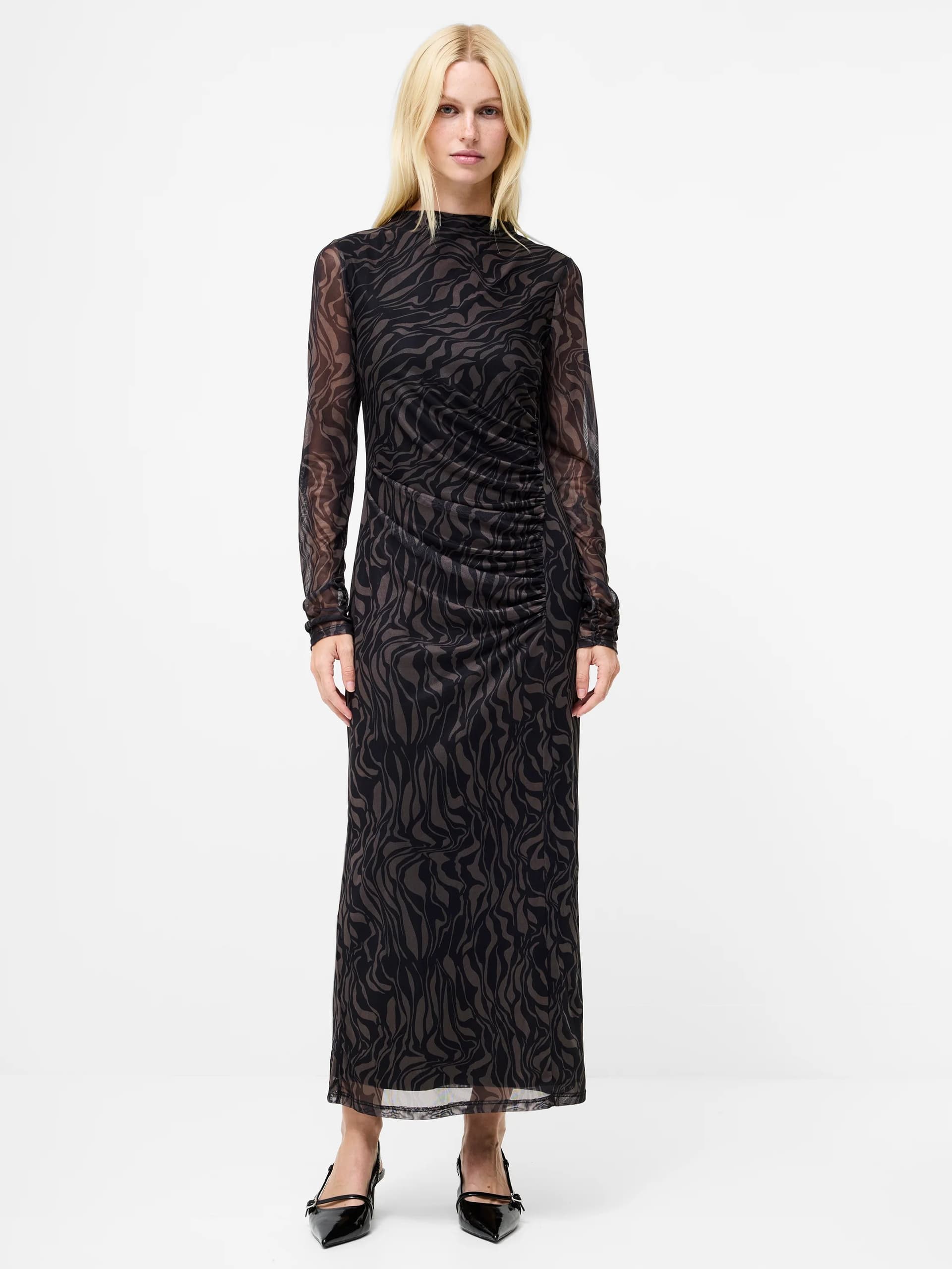 French Connection Zaria Black Abstract Mesh Ruched Maxi Dress Khaki/black