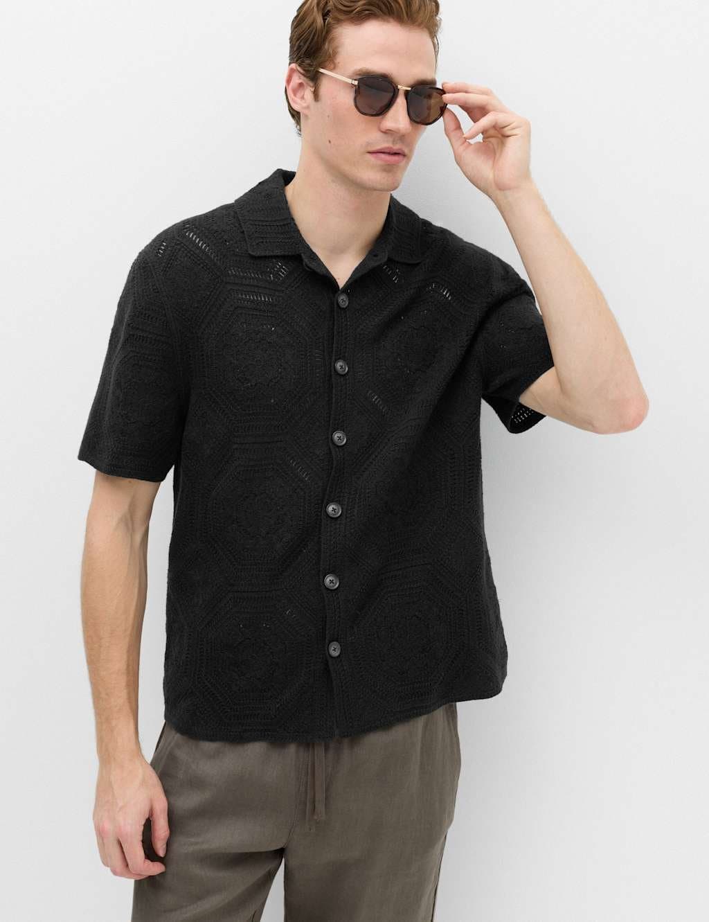 Marks & Spencer M&S Cotton Rich Button Through Knitted Polo Shirt Black Mix