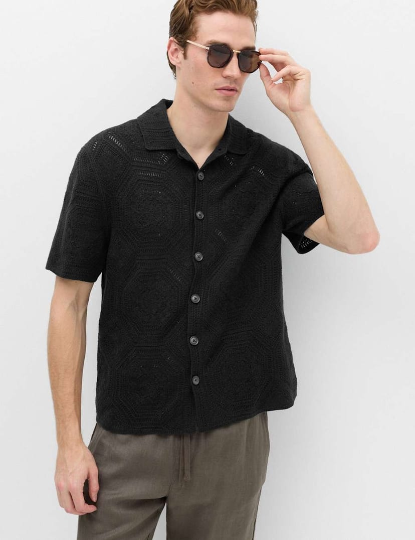 Marks & Spencer M&S Cotton Rich Button Through Knitted Polo Shirt Black Mix - 1