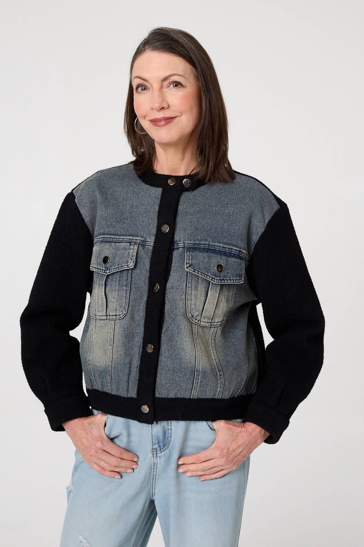 Izabel London Izabel London Women's Denim Contrast Texture Boxy Jacket in Black