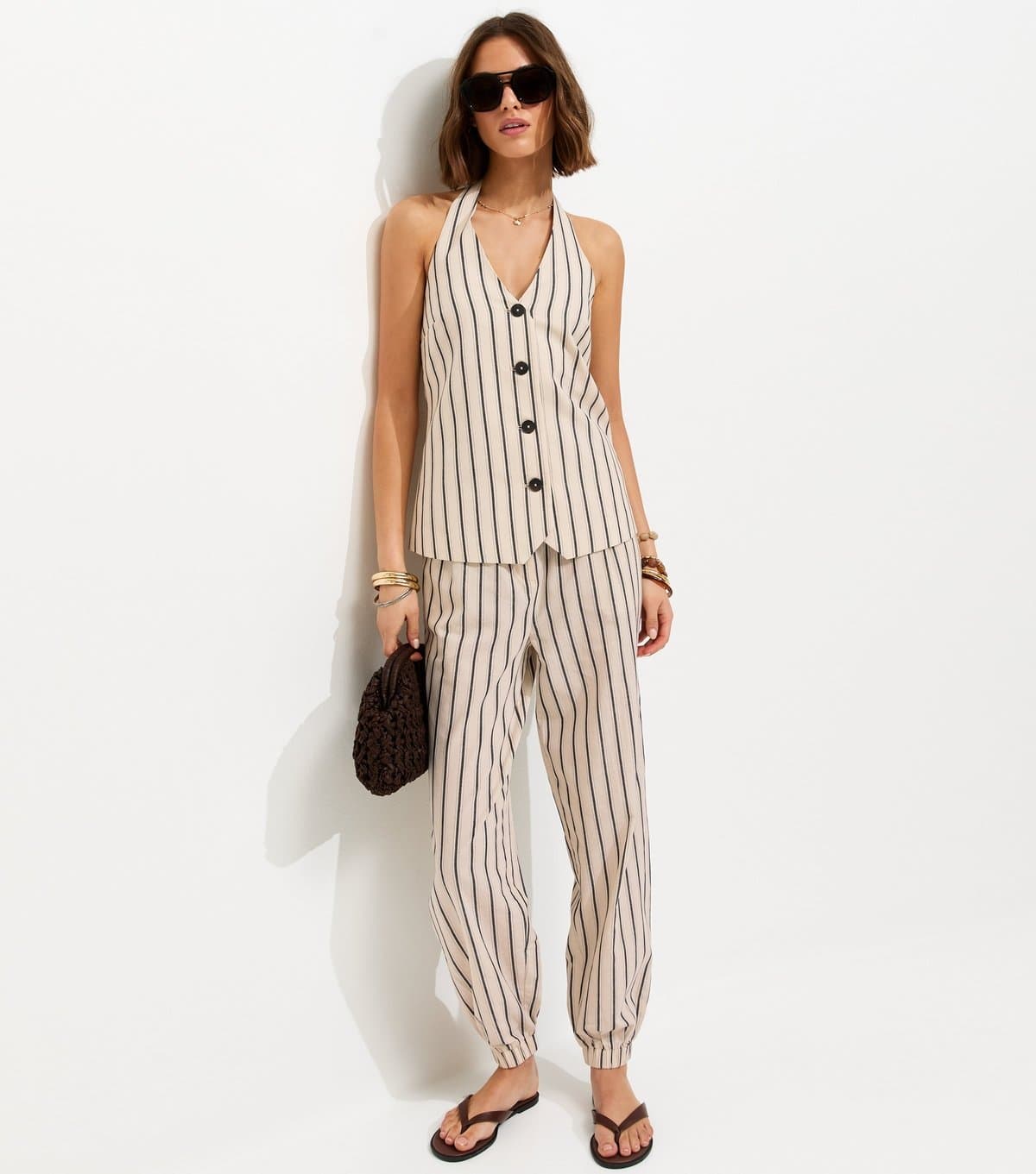 New Look New Look Cream Cotton Stripe Tailored Cuffed Trousers