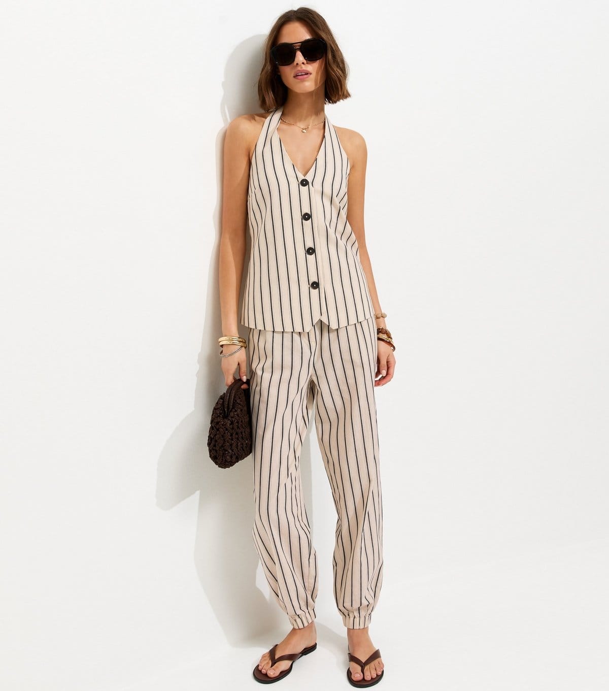 New Look Cream Cotton Stripe Tailored Cuffed Trousers