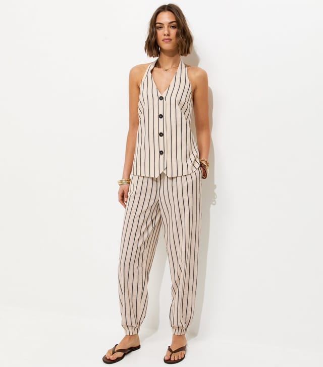 New Look Women's Cream Cotton Stripe Tailored Cuffed Trousers New Look - 3