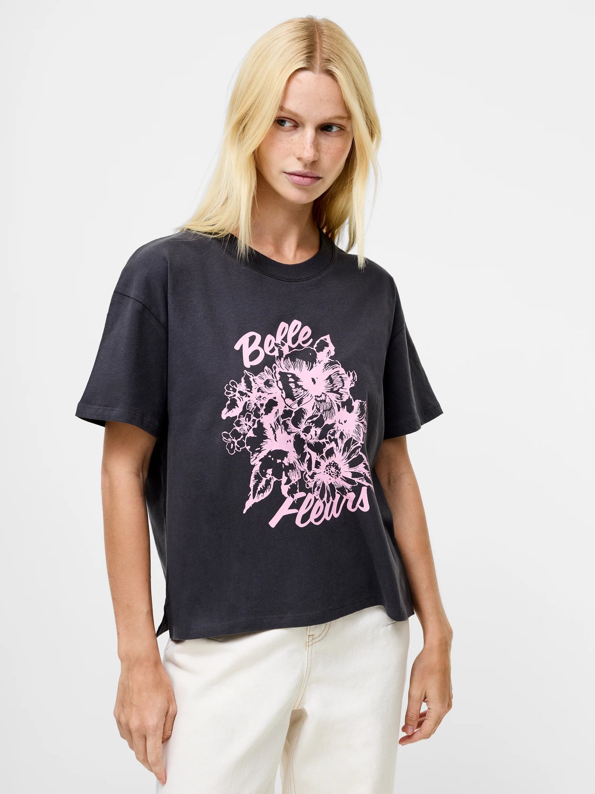 French Connection Peached Graphic T-Shirt Graphite Grey/Rose Pink