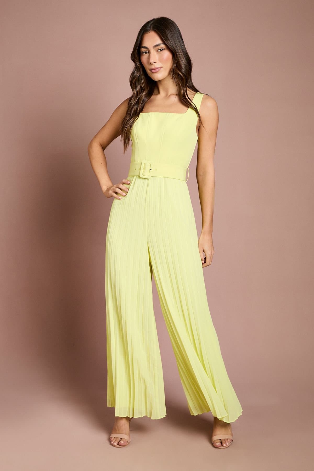 Coast Coast Women's Seam Detail Pleated Wide Leg Jumpsuit in Lemon