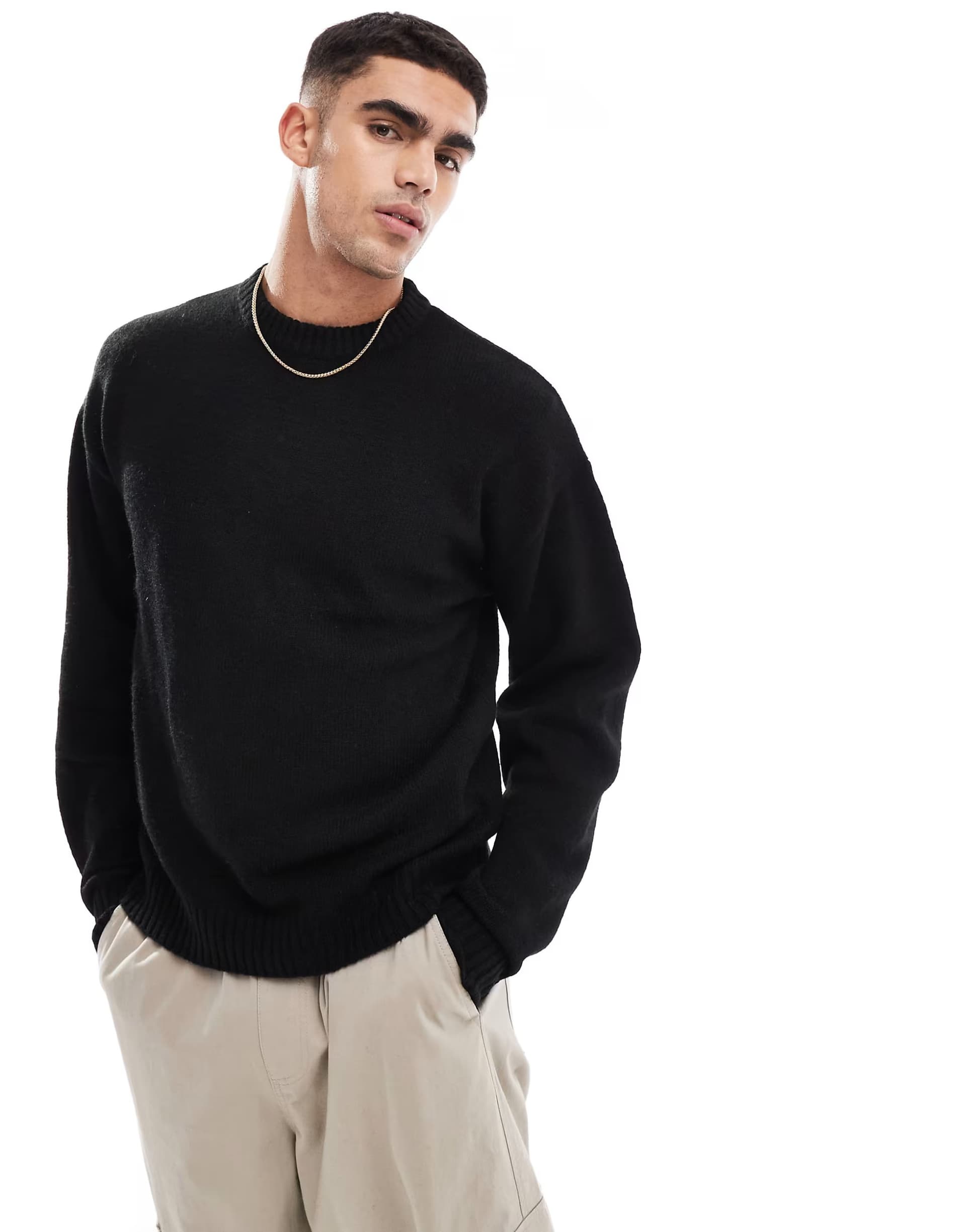 ASOS Jack & Jones oversized fluffy crew neck jumper in black