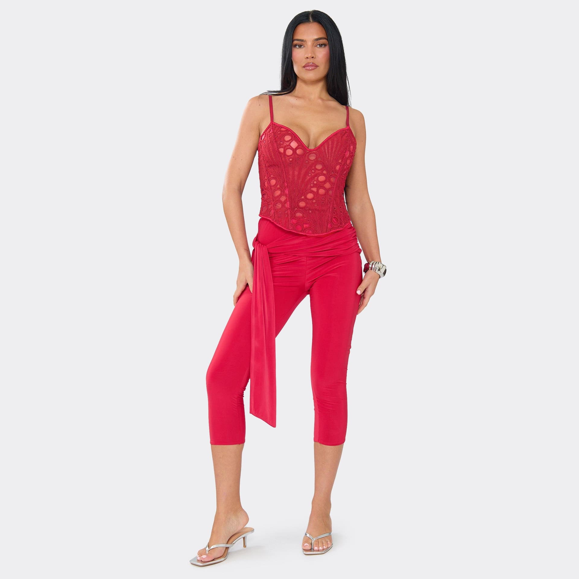 EGO Low Rise Side Tie Drape Capri Leggings In Red Slinky., Women's Size UK 6