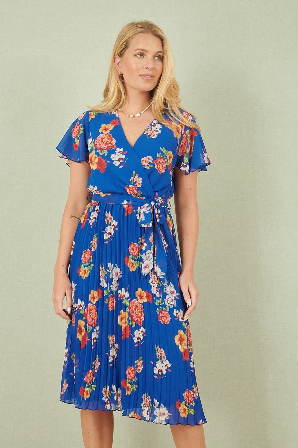 Yumi Yumi Women's Blue Floral Pleated Wrap Dress