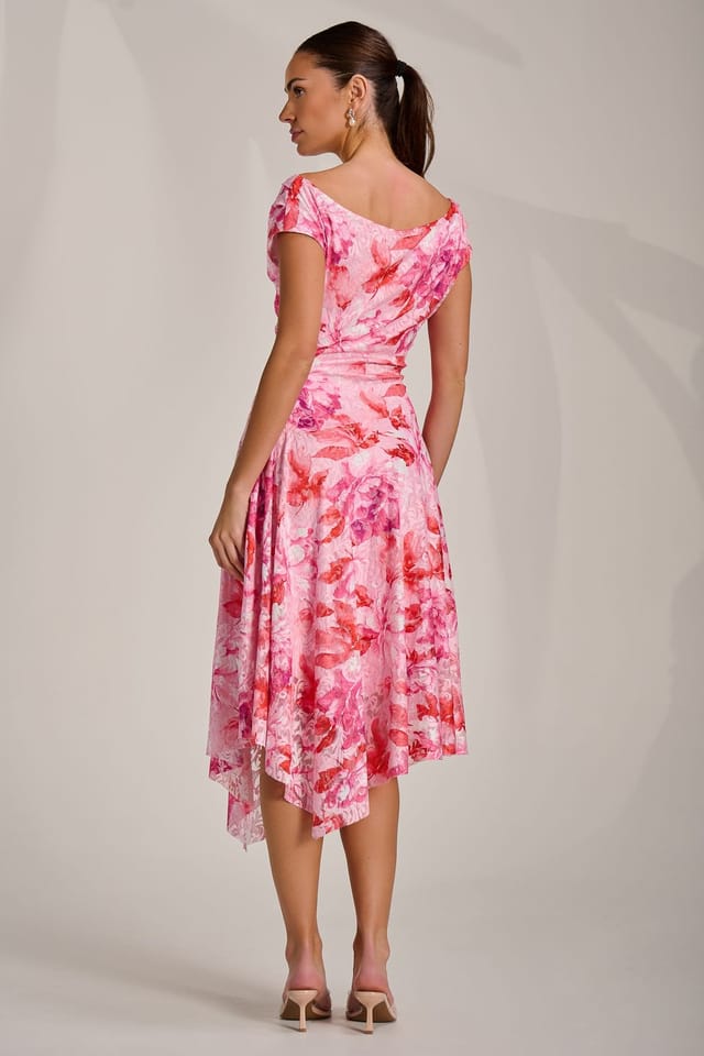 Jolie Moi Jolie Moi Women's Asymmetric Printed Lace Draped Dress in Pink - 2