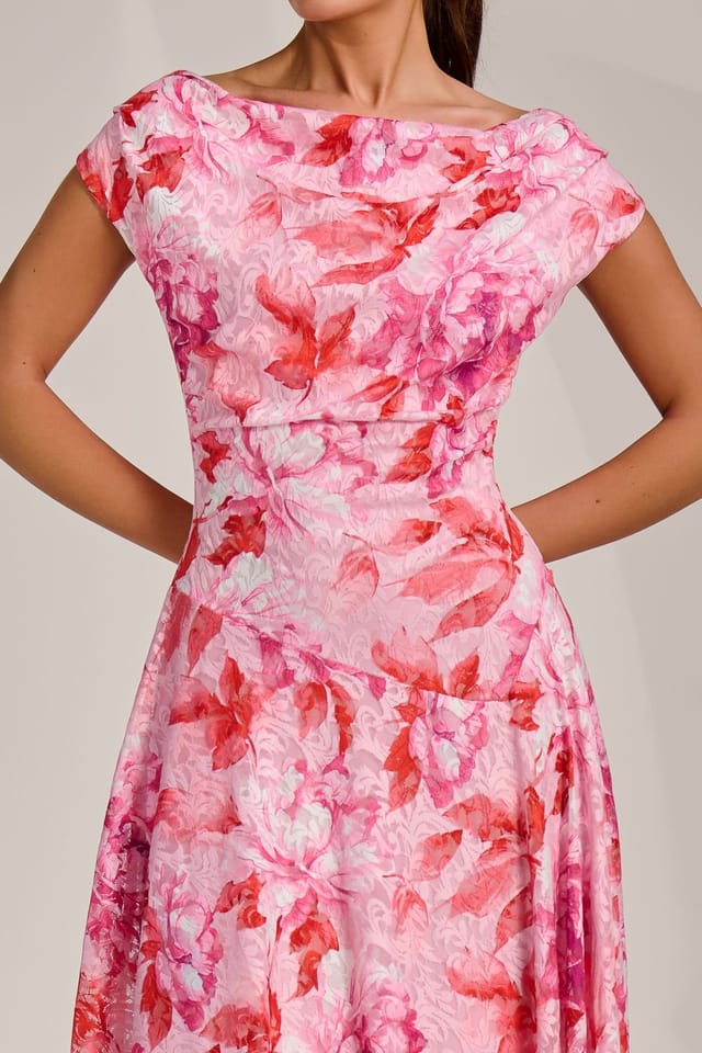 Jolie Moi Jolie Moi Women's Asymmetric Printed Lace Draped Dress in Pink - 3