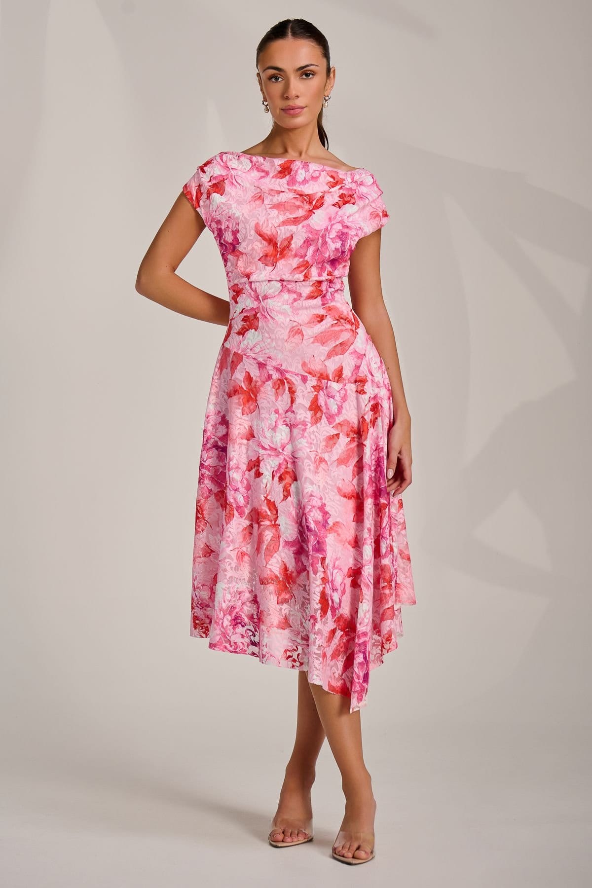 Jolie Moi Jolie Moi Women's Asymmetric Printed Lace Draped Dress in Pink - 4