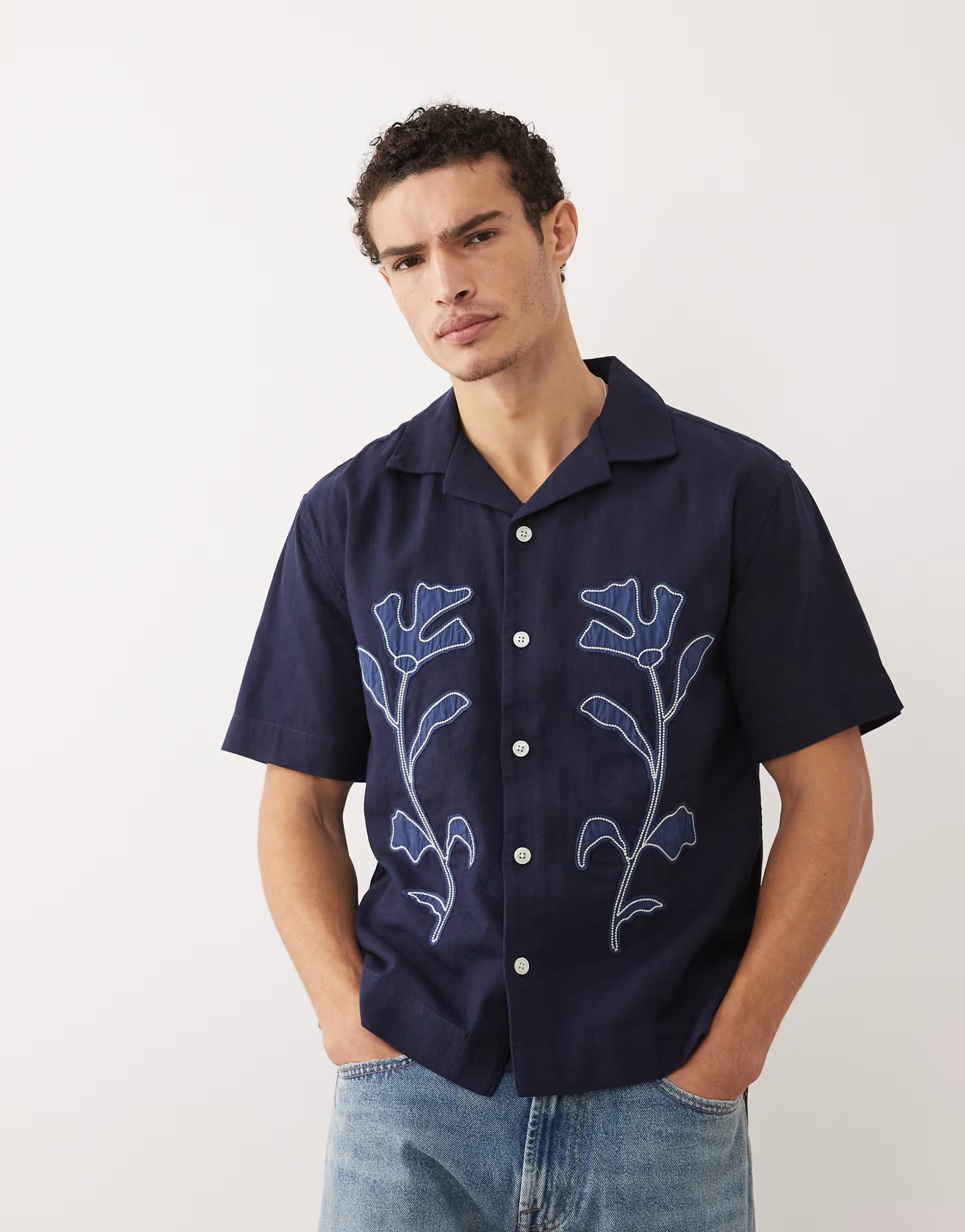 ASOS Abercrombie & Fitch floral pattern short sleeve shirt in navy - 1
