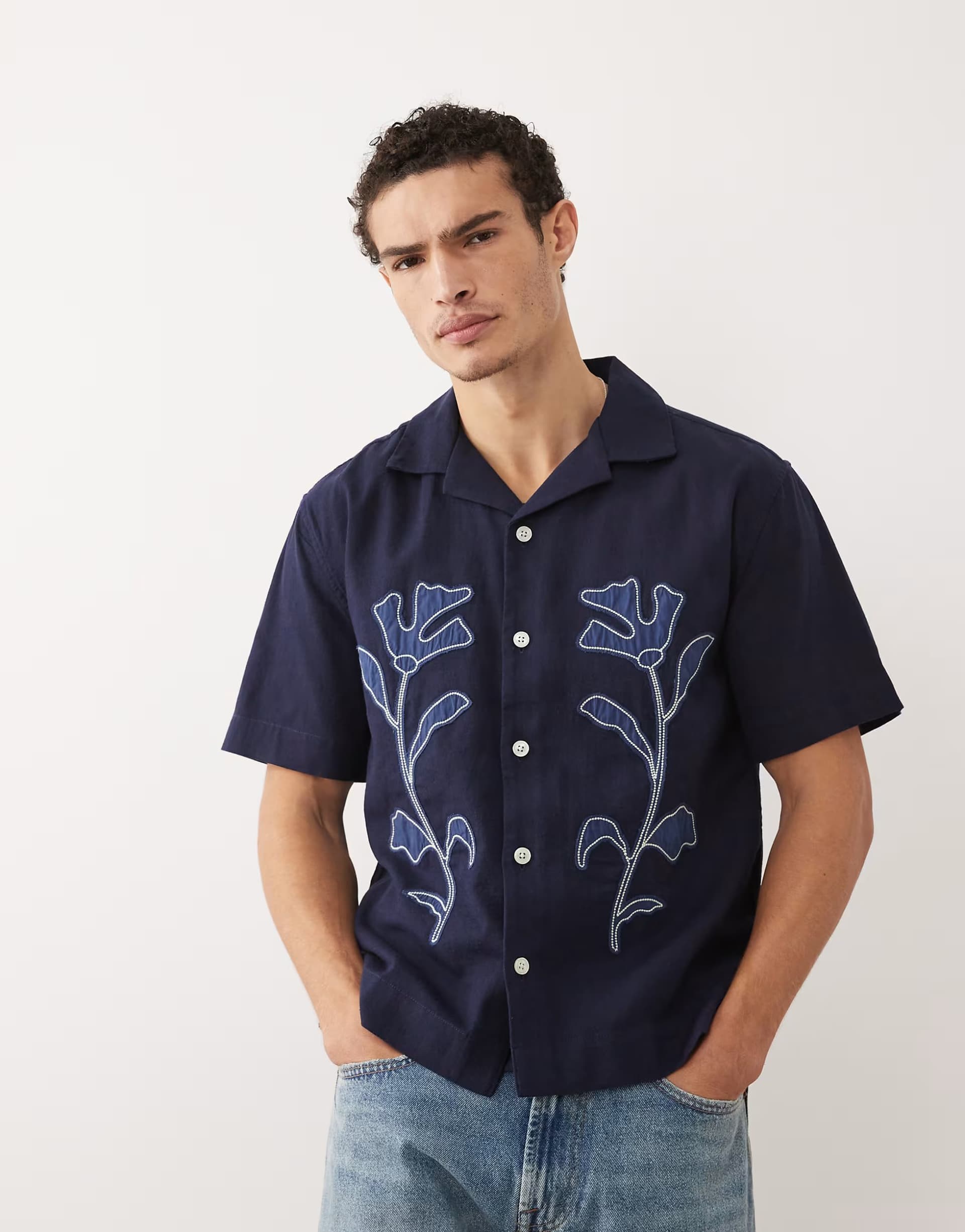 ASOS Abercrombie & Fitch floral pattern short sleeve shirt in navy