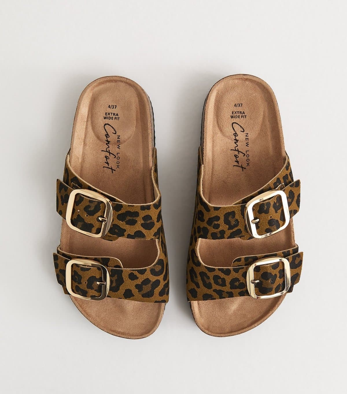 New Look Women's Extra Wide Fit Brown Leopard Print Cork Sole Double Strap Mule Sandals Vegan New Look